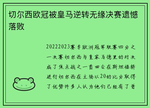切尔西欧冠被皇马逆转无缘决赛遗憾落败